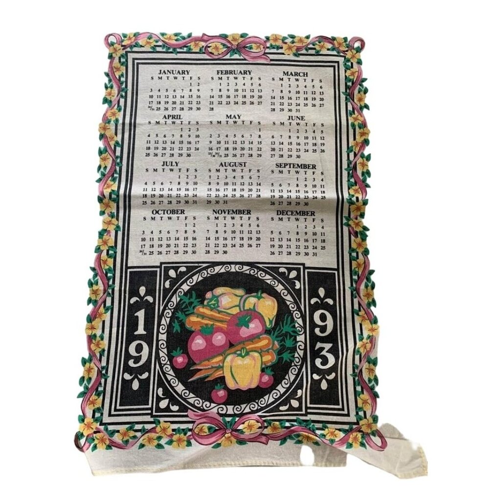 Vintage Royal Pacific 1993 Calendar Linen Towel Floral Veggies Cotton 15x24 USA